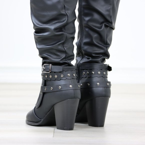 Motorcycle Heeled Boots For Rocker Biker Girls Below The Knee Black Faux Leather - Picture 14 of 14